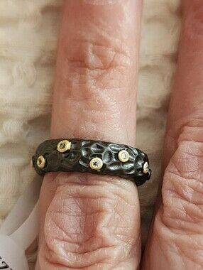 Freida Rothman Hammered Blackened Ring with Gold Accents and CZ Stones Sz 5